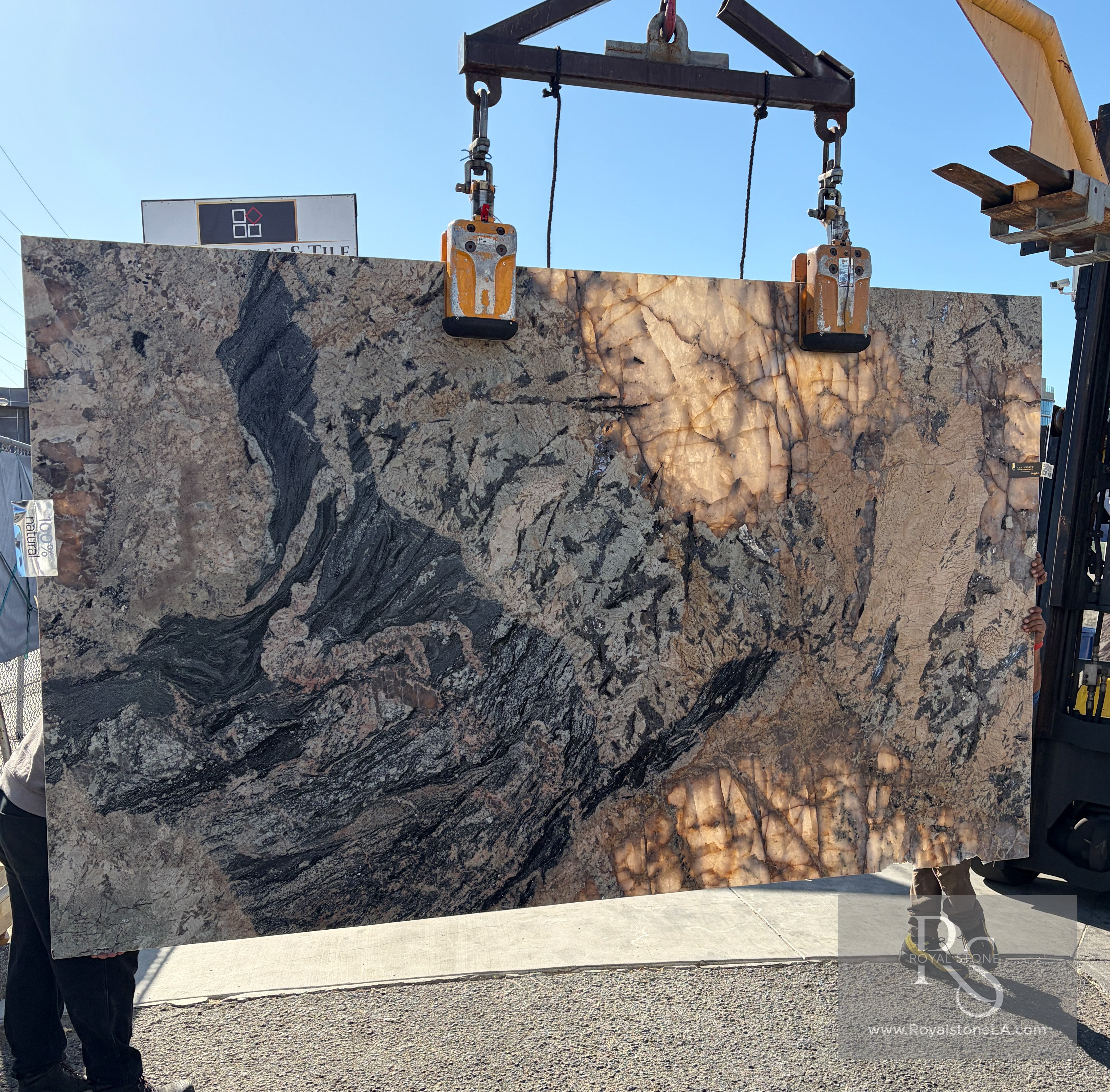 Royal Stone Antolini Dealer of the Year recognition with a Calacatta Viola WOW honed slab in the West Los Angeles yard
