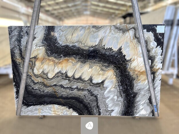 Cipollino Greywave Classic marble slab with cinematic black-and-gold wave over a pearl-grey ground, polished