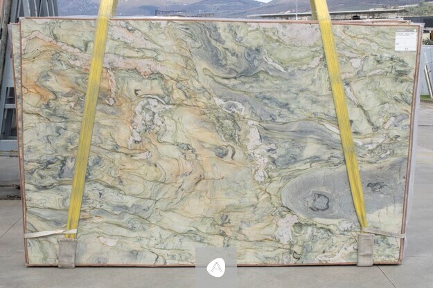 Antolini Fusion WOW Original Light quartzite slab with painterly gold, jade, and cream swirl, polished