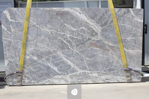 Fior di Pesco Carnico marble slab with cool grey-blue field and white and rose veining, matt finish