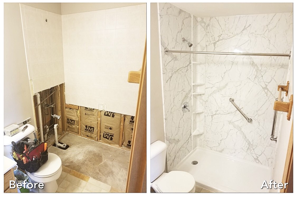 Before and after: Marble Walk-In Shower in West Islip, Suffolk County
