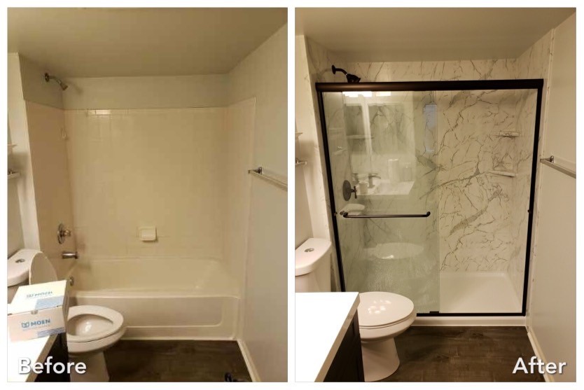 Before and after: Modern Marble Shower in Sayville, Suffolk County
