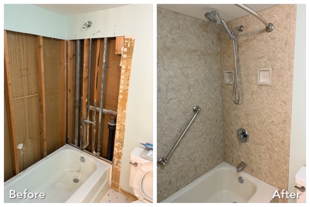 Before and after: Plumbing Wall Repair in Holbrook, Suffolk County