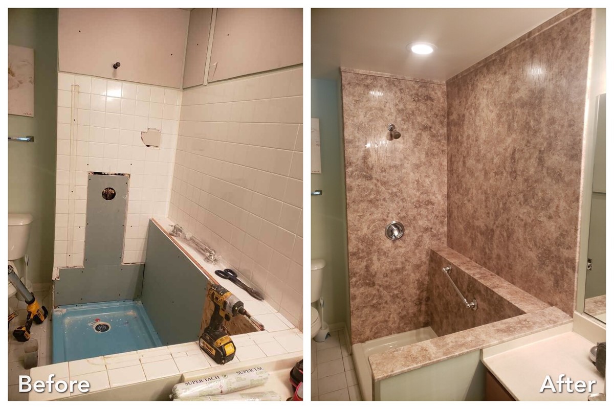 Before and after: Tub Demolition to Marble Finish in Huntington, Suffolk County