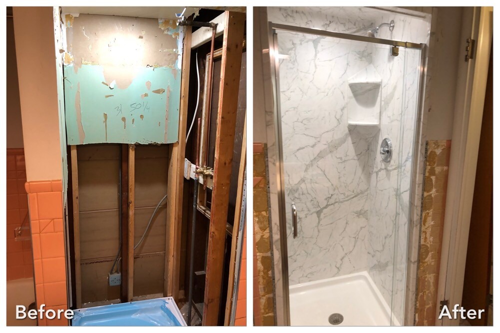 Before and after: Stall to Marble Shower in Brentwood, Suffolk County